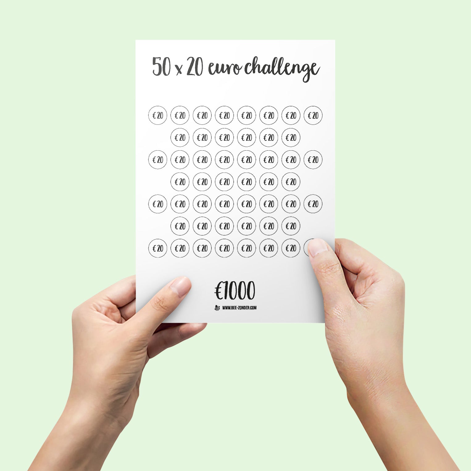 Printable 50 x 20 euro spaar challenge